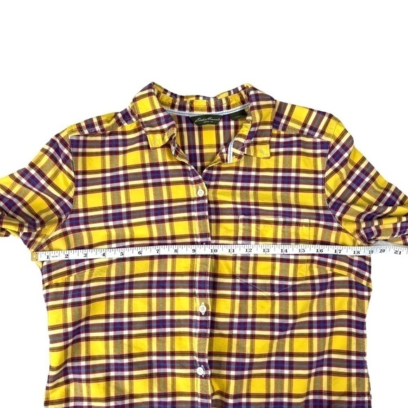 Y2K Eddie Bauer Rustic Plaid Yellow Purple Plaid Flannel Button Shirt Medium - Picture 11 of 13